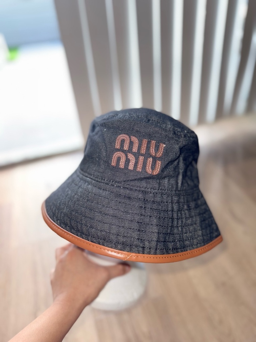 Miu Miu Black Denim Bucket Hat with Brown Trim and Pink Logo